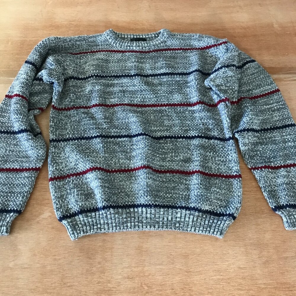 Van Cort Sweater Women S Gray Striped Crew Neck Long Sleeve Stretch Pullover